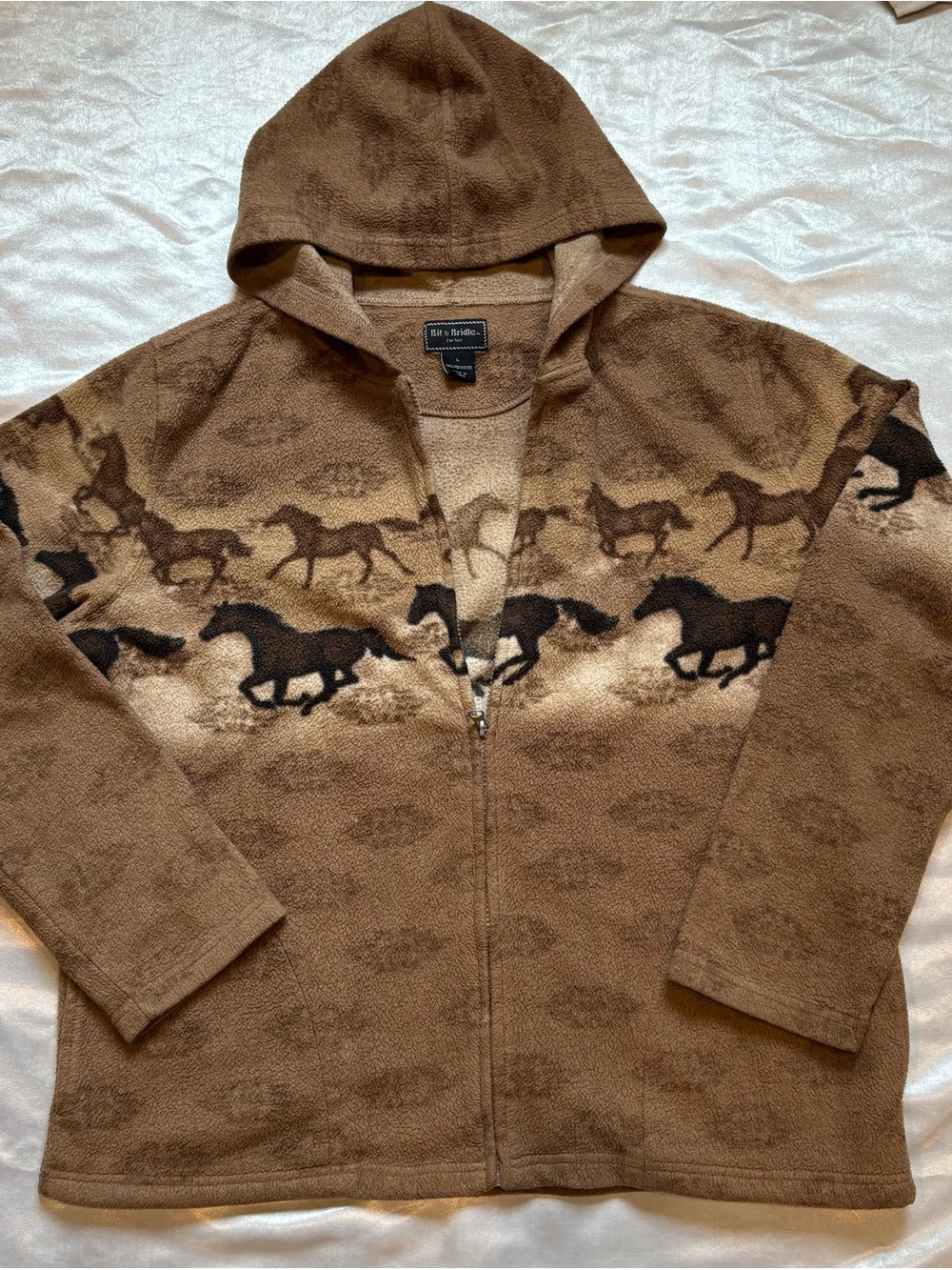 Bits & Bridle Hooded Zip Fleece Jacket Brown Horse Print Vintage/Retro Western